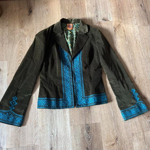Tory Burch Green Blue Velvet Embroidered Cotton Blend Jacket Size XS/S ( 0 / 2 ) - Picture 1 of 6